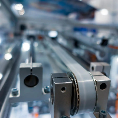 Close-up of 4 Pack SK25 Aluminum Linear Rod Rail Shaft Support Brackets for 25mm Shaft in industrial automation setup