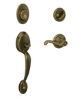 Front Entry Handleset With Flair Lever in Antique Brass, One Sided Keyed Deadbolt, Plymouth Style Exterior Door Hardware
