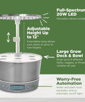 Harvest Elite 360 Indoor Hydroponic Garden System With LED Grow Light And Herb Kit on countertop, holds up to 6 pods