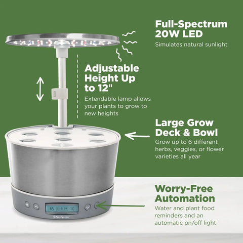 Harvest Elite 360 Indoor Hydroponic Garden System With LED Grow Light And Herb Kit on countertop, holds up to 6 pods