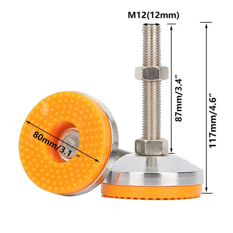 Beastly Tough M12 Leveling Feet For Furniture And Machinery, 4 Pack, Adjustable Floor Protectors With PVC Anti Slip Cushions, 117mm Height, 80mm Base Diameter, 87mm Thread Length, Ideal For Shelves, Equipment, And Industrial Setups., M12 leveling foot with 80mm PVC base and 117mm height