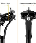 Beefy Suspension Seatpost for Tall Riders with 300 Pound Support and 28.6Mm Shim, dual view showing bolt clamp and saddle rails spacing.