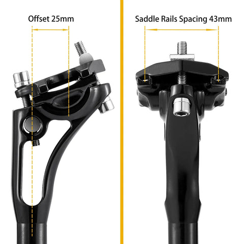 Beefy Suspension Seatpost for Tall Riders with 300 Pound Support and 28.6Mm Shim, dual view showing bolt clamp and saddle rails spacing.