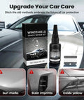 Windshield Crack Repair Kit Two Piece DIY Auto Glass Repair Liquid kit with bottle and box on reflective car hood.