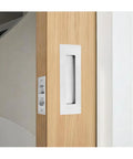 Slick 4 Inch Pocket Door Edge Pull 2 Pack Rock Solid 304 Stainless Steel Flush Mount Finger Grip Handles on a wood door
