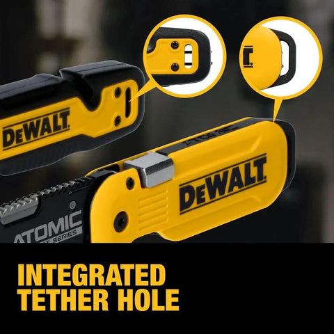 Image highlighting the integrated tether hole of the Push And Flip Folding Utility Knife Set With One Handed Operation.