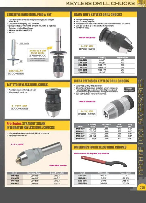 Catalog page displaying various keyless drill chucks, sensitive hand drill set, and wrenches for machine tool accessories.