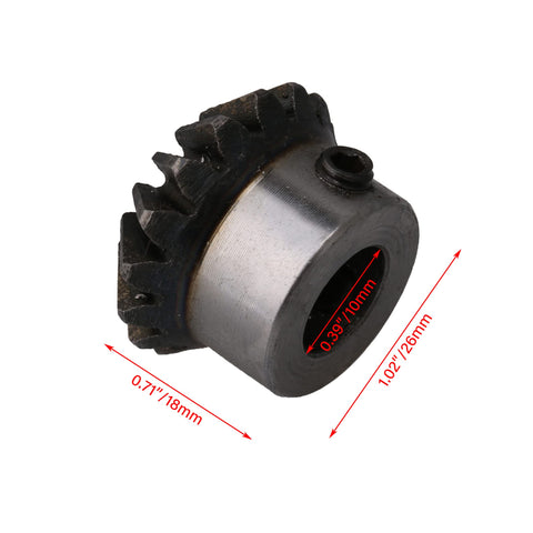 Bevel Gear Wheel Made From 45 Steel With 16 Teeth, 1.5 Module, 10mm Bore, 25.5mm Outer Diameter And 18mm Thickness. Side view.