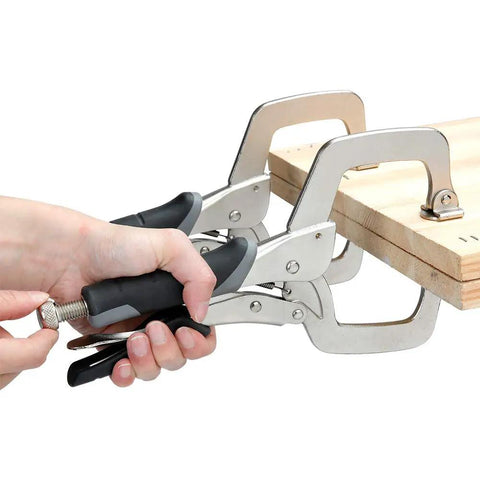 Adjustable Metal Face Clamp For Woodworking And Welding Projects, 11 Inch Jaw With 3 Inch Reach, grips wood with swivel pads.