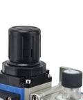 Close-up of Compact Pro Grade FRL Unit with Regulator and Lubricator, featuring the black adjustment knob and transparent oil separator.