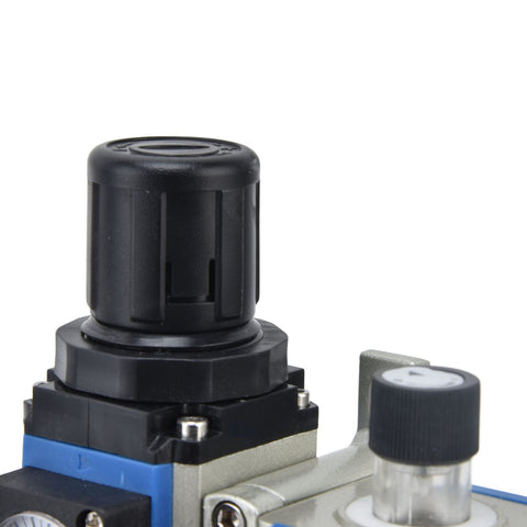 Close-up of Compact Pro Grade FRL Unit with Regulator and Lubricator, featuring the black adjustment knob and transparent oil separator.