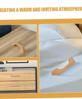 Solid Wood Cabinet Pull Handles Set With Screws Six Pack Wood Drawer Handles on wood surfaces and white bedding.