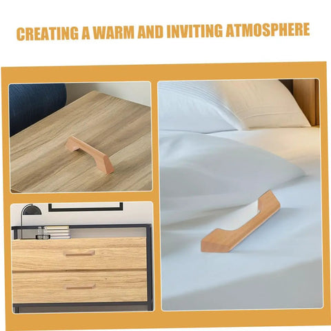 Solid Wood Cabinet Pull Handles Set With Screws Six Pack Wood Drawer Handles on wood surfaces and white bedding.