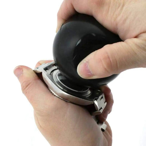 Hands using Rubber Ball Case Opener for Screw Down Watches Pro Grade Watchmaker Tool 67 mm Diameter
