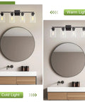 Four Light Matte Black Vanity Light With Square Backplate Glass Shades Sleek Modern UL Certified Bathroom Fixture For Over Mirror