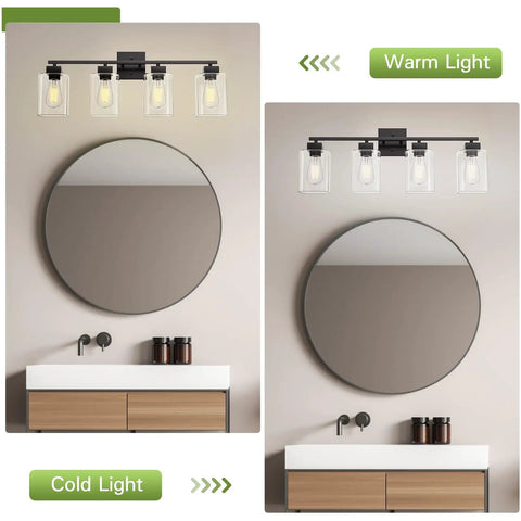 Four Light Matte Black Vanity Light With Square Backplate Glass Shades Sleek Modern UL Certified Bathroom Fixture For Over Mirror