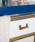 Hidden Drawer Pull Handles In Zinc Alloy Antique Brass Cabinet Pulls on white drawer with blue top
