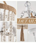 Boho Farmhouse Wood Beaded Pendant Light Fixture With Fringed White Beads 3 Light Rustic Chandelier details in close-up view