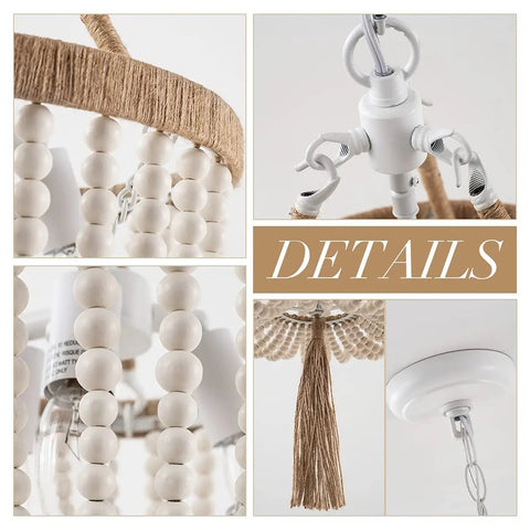 Boho Farmhouse Wood Beaded Pendant Light Fixture With Fringed White Beads 3 Light Rustic Chandelier details in close-up view