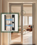 Ultra Thin 30 Lb Magnetic Cabinet Door Catch Set, 12 Pack Double Magnet Latches installed on sliding door, close-up view