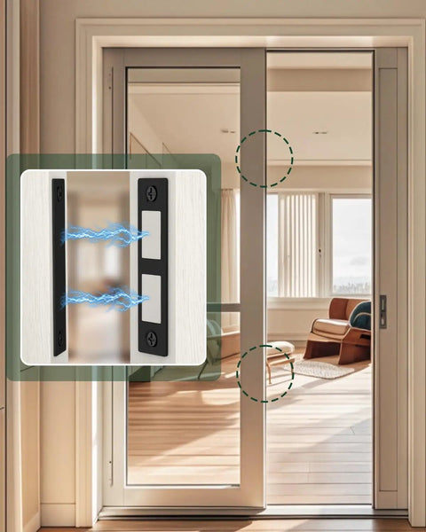 Ultra Thin 30 Lb Magnetic Cabinet Door Catch Set, 12 Pack Double Magnet Latches installed on sliding door, close-up view