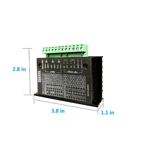 TB6600 stepper motor driver module with green terminal block; black enclosure, 3.8 in L x 2.8 in H x 1.1 in D