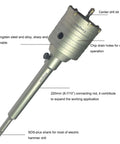 Concrete hole saw kit with tungsten steel, SDS-Plus shank, 220mm rod; includes 30/40/60mm bits and 3 center drills.