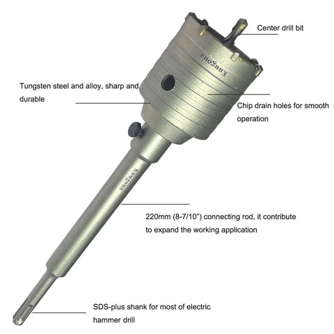 Concrete hole saw kit with tungsten steel, SDS-Plus shank, 220mm rod; includes 30/40/60mm bits and 3 center drills.