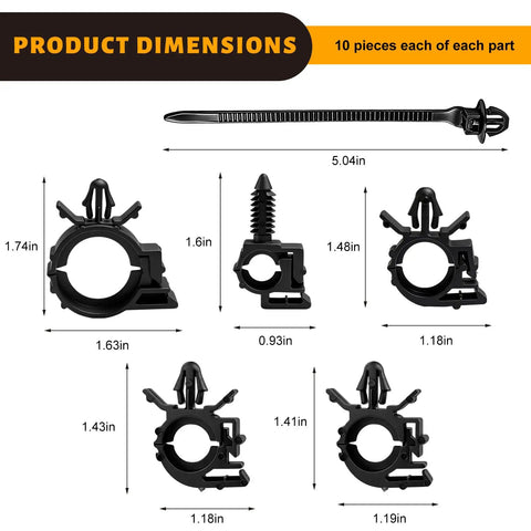 Product dimensions of 60 Piece Car Wire Loom Routing Clips With Push Mounts, showcasing different sizes and nylon material.