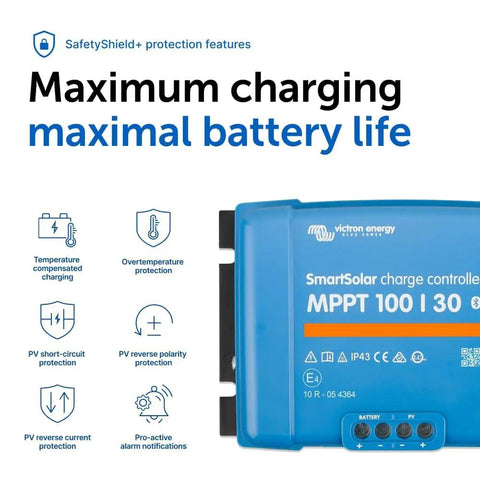 SmartSolar MPPT Charge Controller With Bluetooth For 100V 12/24V Systems, 30 Amp Output, blue unit with protection icons.