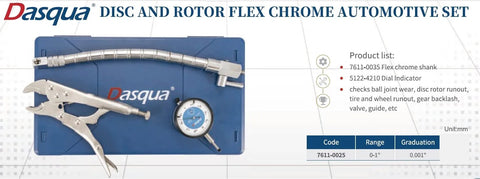 Dasqua disc and rotor flex chrome automotive set in blue case with chrome hose, locking pliers, and dial indicator