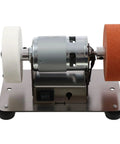 Slick Little Mini Belt Sander And Bench Grinder With 96 Watt Copper Motor For Smooth Knife And Tool Sharpening Adjustable Speed Home Wood And Metal Workshop Knockout Gem showing grinding wheels and motor on metal base.