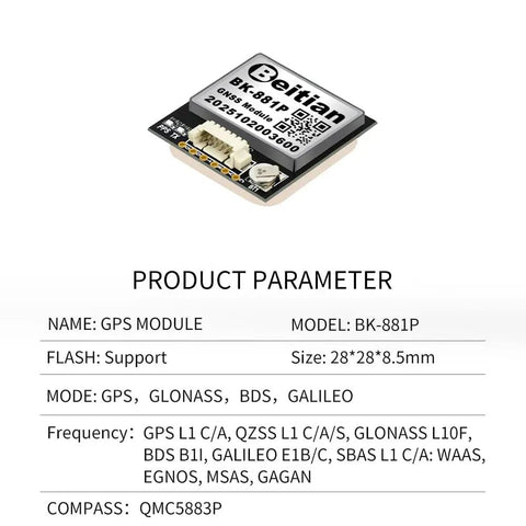 9th Gen Beidou GPS Module With Antenna For GNSS Racing Drones And FPV Flight Controllers, detailed specs and model BK881P