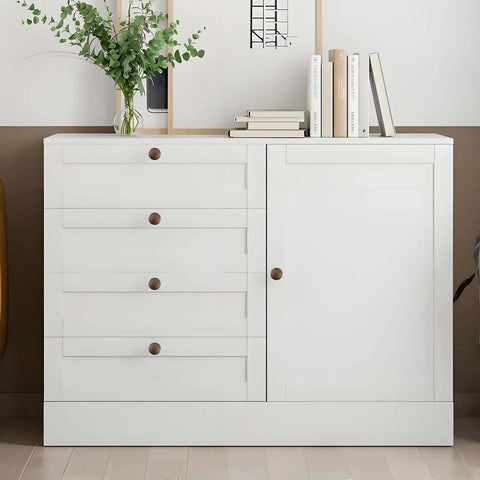 White cabinet with Solid Walnut Wood Cabinet Knob Set 12 Pack Round Mushroom Drawer Pulls With Smooth Wax Finish installed, decorating a modern room.