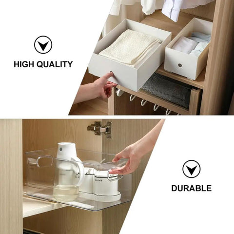 Self Adhesive Drawer Slides 10.39 Inch Guide Rails Peel And Stick Hardware in use with storage boxes and containers.