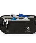 Hidden Money Belt For Travel With RFID Blocking Passport Holder And Slim Body Wallet under clothes, front view with contents