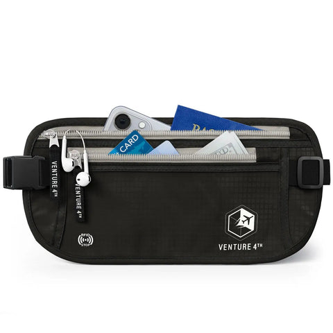 Hidden Money Belt For Travel With RFID Blocking Passport Holder And Slim Body Wallet under clothes, front view with contents