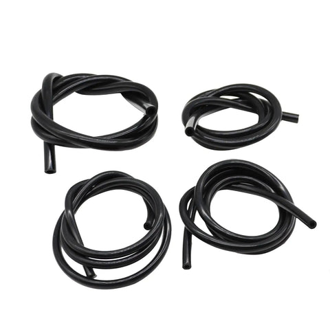 Upgrade Your Ride With Jecoupoon 5 Ft Silicone Vacuum Hose Kit, Features Four Common Sizes Including 5/32, 1/4, 5/16 And 3/8 Inch Tubing For Easy Engine Bay Routing, High Temp Heat Resistance, Flexibility That Lasts, Perfect For Auto Repair Shop Projects. Four coiled black silicone vacuum hoses