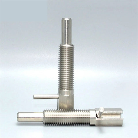 Solid As A Rock Stainless Steel Spring Loaded Indexing Plunger With Coarse Threads M6 M8 M10 M12 M16 Tough lever pin in silver.