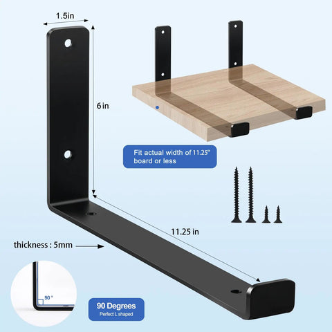 Six Pack Matte Black Floating Shelf Brackets With Beefy Right Angle Braces For One Inch By Twelve Lumber, Hella Sturdy Heavy Duty Wall Mount Kits, No Sweat DIY Storage Solutions For Kitchen Garage Or Home Office, showing dimensions and wood fit.
