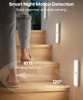 Five Pack 6 Inch Wireless Under Cabinet Lights Rechargeable LED Motion Sensor Lights With 3 CCT Dimmable Stick On Magnetic Under Counter Lighting For Pantry Bookshelf Stairs installed on staircase.