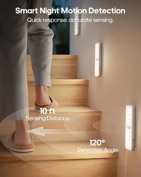 Five Pack 6 Inch Wireless Under Cabinet Lights Rechargeable LED Motion Sensor Lights With 3 CCT Dimmable Stick On Magnetic Under Counter Lighting For Pantry Bookshelf Stairs installed on staircase.