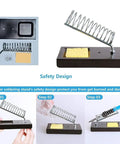 Safety design of Pro Grade 60W Soldering Iron Kit With Digital Multimeter, showcasing iron holder with sponge and assembly steps.