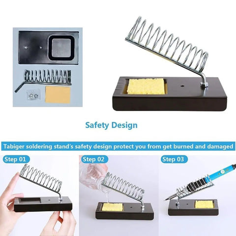 Safety design of Pro Grade 60W Soldering Iron Kit With Digital Multimeter, showcasing iron holder with sponge and assembly steps.