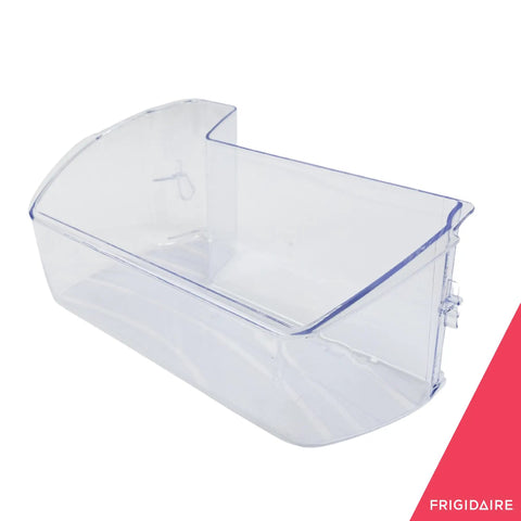 Clear plastic Door Shelf Bin For Refrigerator Replacement Part 242071301, side angle view, Frigidaire branding