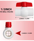 Side and close-up view of 5 Pack Half Inch PVC Ball Valves For Water Shutoff, Slip On Half Inch Socket Ends, 150 PSI Rating, T Handle