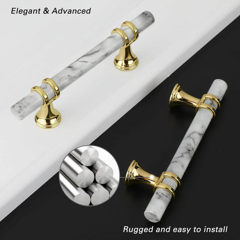 White Marble And Gold Drawer Pulls Set, 10 Pack, 3 Inch Center Hole T Bar Zinc Alloy Cabinet Handles For Kitchen And Dresser