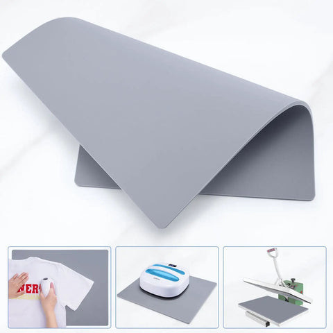 Beefy Silicone Heat Press Mat 16x20 Inch Heavy Duty Double Sided Pad For HTV Heat Transfer Vinyl, showing folded design and use cases.