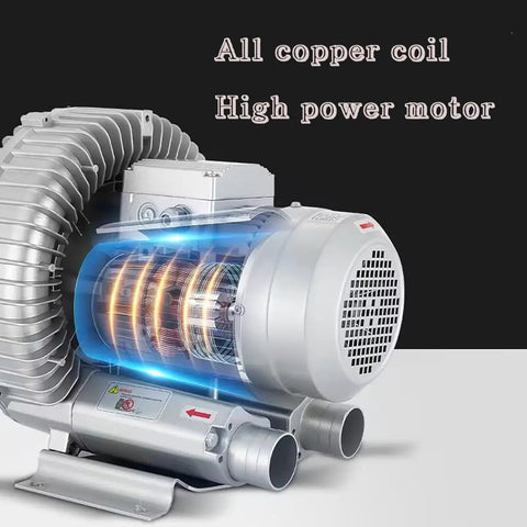 Heavy Duty Single Phase Turbine Blower Pulling Massive Airflow, 110V 120W Regenerative Vacuum Pump showing high power motor with copper coil.
