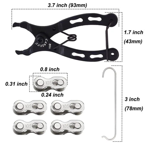 Bike Chain Repair Tool Kit With Link Pliers And Five Pairs Quick Link Connectors For 10 Speed Chains dimensions and components
